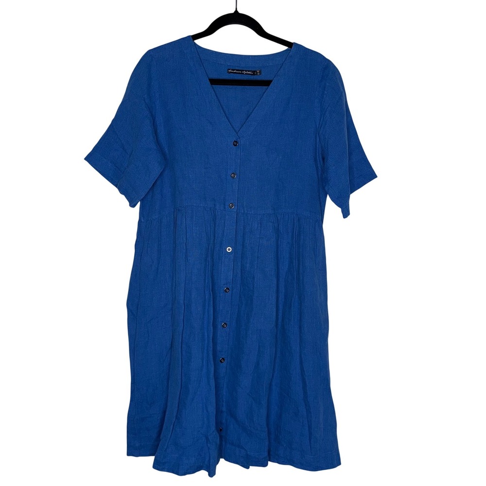 Gudrun Sjoden Linen Button Front Dress Women Small Blue Good Short Sleeve Pocket